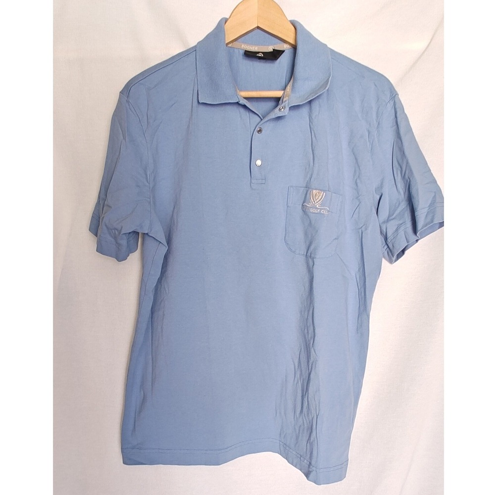 Bogner Wynn Golf Club Polo Shirt Blue Short Sleeve Snap Button Large